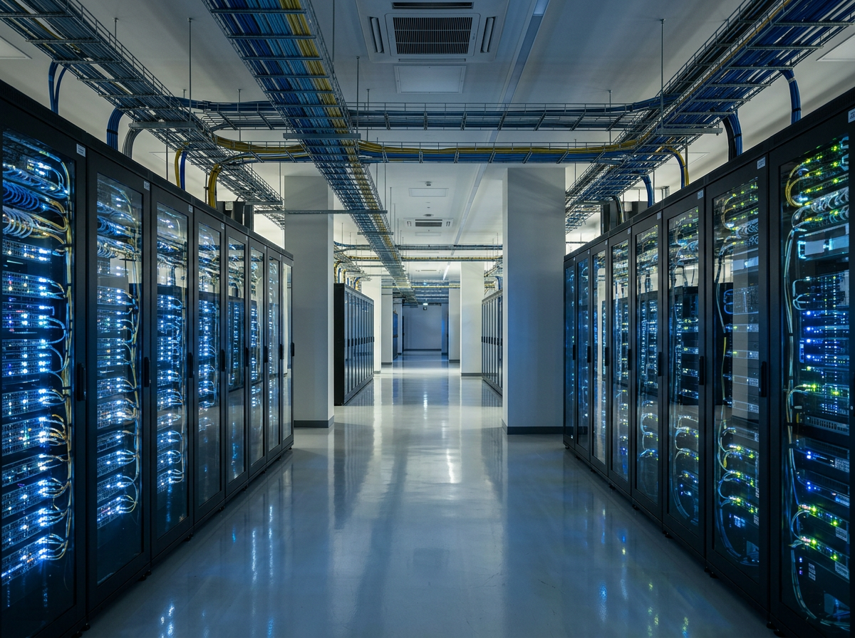 Rows of server racks with structured cabling inside a modern enterprise data center