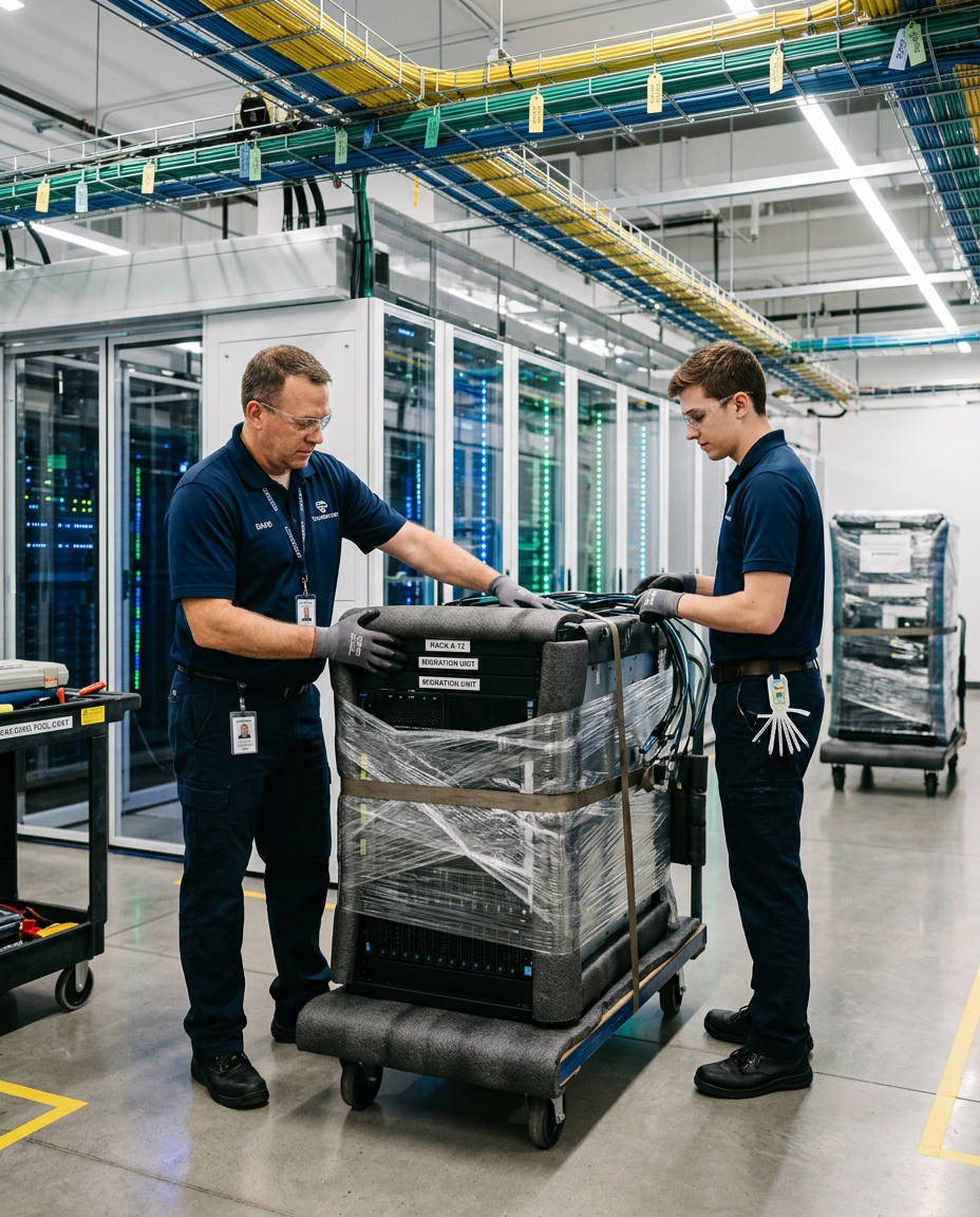 IT engineers reviewing a data center migration runbook on a laptop beside server racks